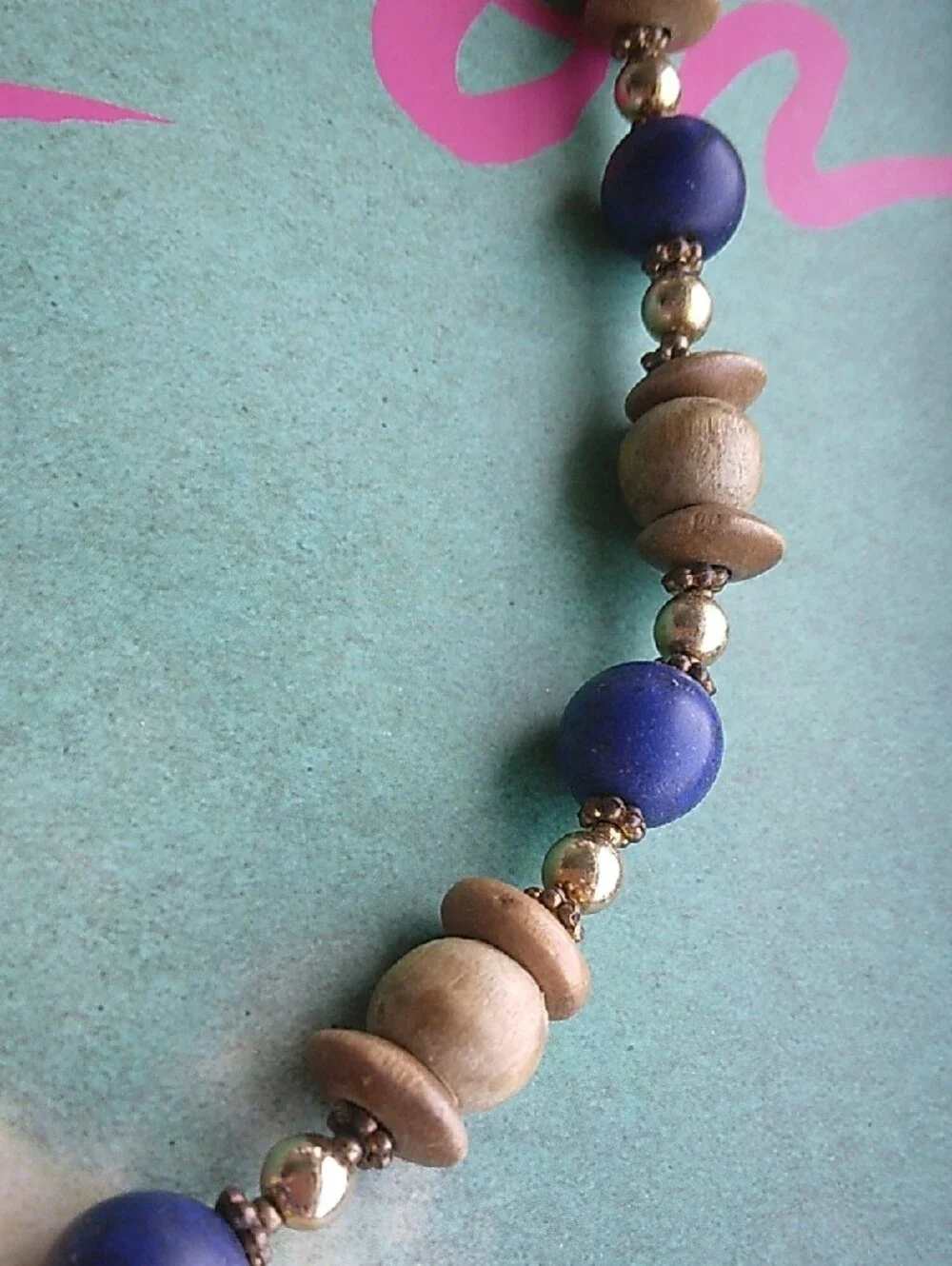 Blue and Natural Wood Beaded Necklace